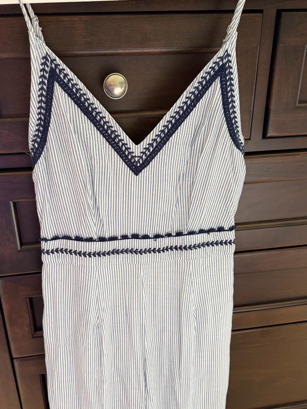 Navy and White Striped Strapless Jumpsuit